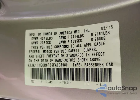 2015 Honda Accord Hybrid from USA, damaged, VIN 1HGCR6F35FA008980